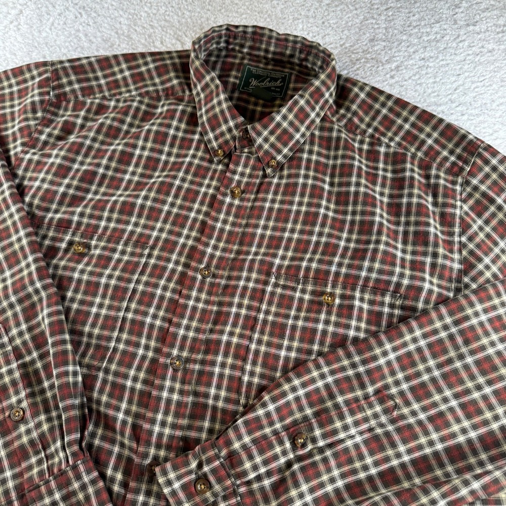 Woolrich Men's Size XL Long Sleeve Plaid Dress Shirt Lightweight Button Up Brown
